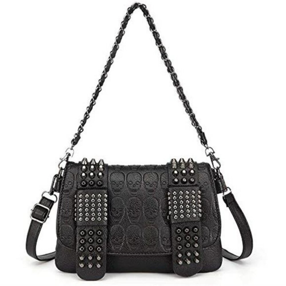 Women Punk Skull Shoulder Top-Handle Bag Goth Rivet Purse Handbag PU Leather